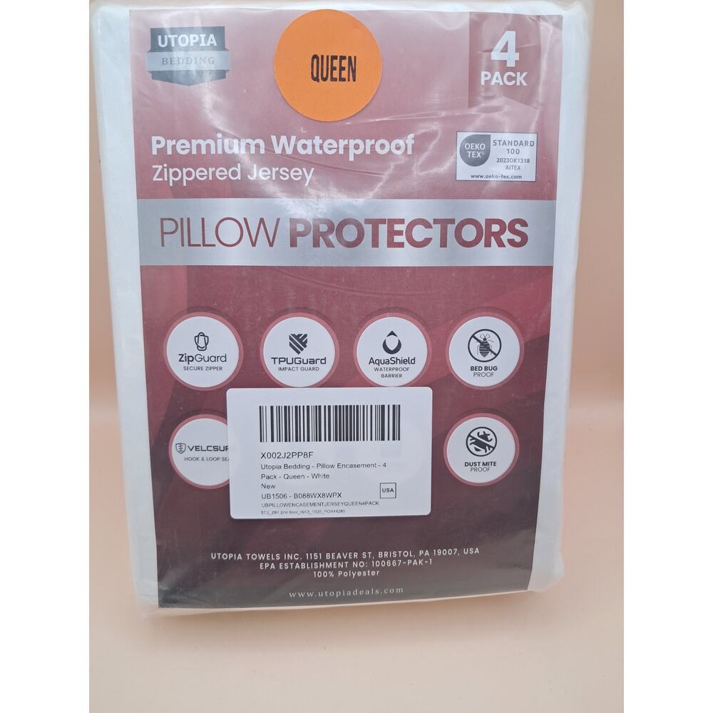 Utopia Bedding Waterproof Zipped Jersey Pillow Protector set of 4 white queen